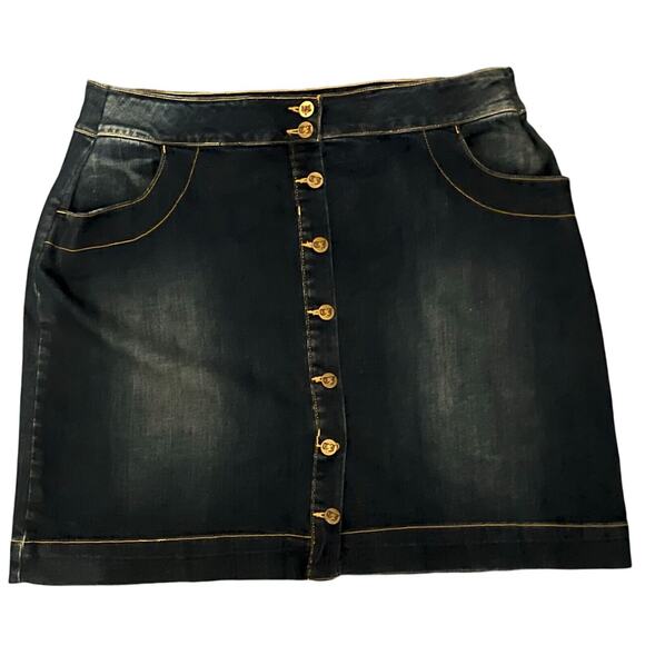 Joules Womens Jean Skirt Size 16 Short Button Front Dark Wash Mid Rise Stretch - Picture 1 of 12
